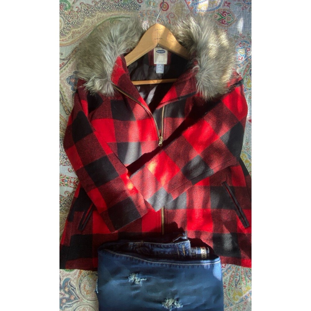 Old Navy red and black faux fur trim plaid zip up jacket for girls LARGE